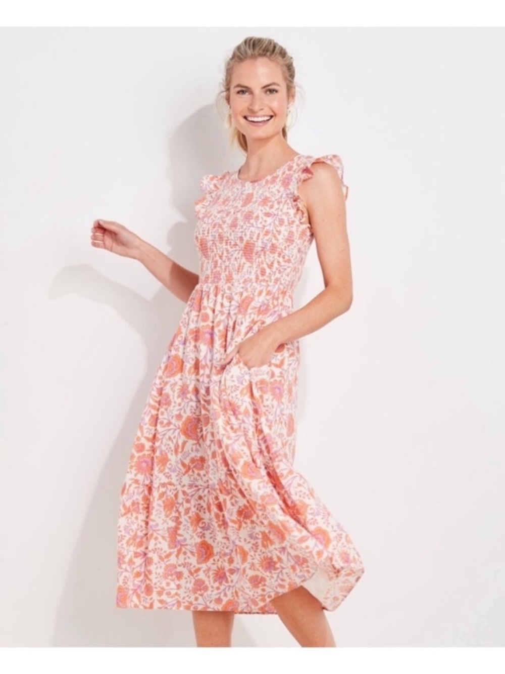 VINEYARD VINES marigold floral smocked midi dress size S